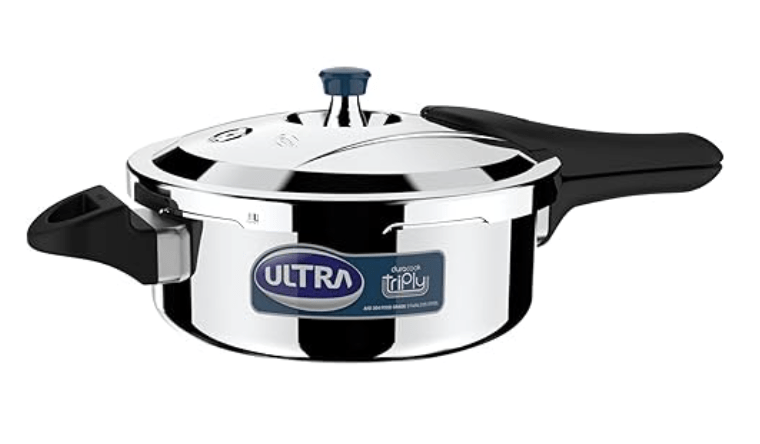 Ultra Dura cook Triply 3.5 L pressure cooker,SS 304 Food Grade,'SCTS'Anti Bulging,Froth collector,Broad Base quick cooking -savesgas.Solid backelite handles,3 layered body, Induction,ISI,5 Y warranty.