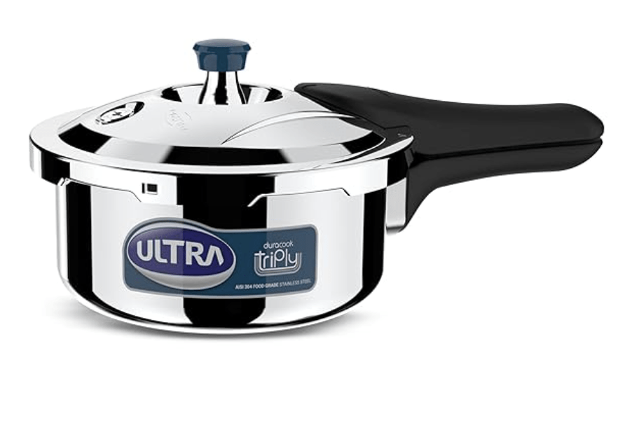 அல்ட்ரா டூராகூக் டிரிபிள் 2 எல் பிரஷர் குக்கர், எஸ்எஸ் 304 ஃபுட் கிரேடு, 'எஸ்சிடிஎஸ்' ஆன்டி-பல்ஜிங், ஃப்ரோத் கலெக்டர், பிராட் பேஸ் விரைவு சமையல் - எரிவாயுவை சேமிக்கிறது. சாலிட் பேக்லைட் ஹேண்டில்கள், 3 லேயர்டு பாடி, இண்டக்ஷன், ஐஎஸ்ஐ, 5 ஒய் உத்தரவாதம். 