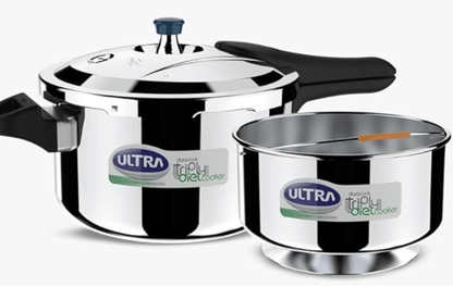 Ultra Triply Diet Cooker 5.5 L,SS 304 Food Grade,'SCTS'Anti Bulging,Froth collector,Excess Starch Remover,Calory Reduction,Solid backelite handles,3 layered body, Induction, ISI,5 Y warranty