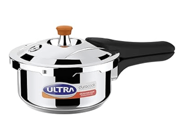 அல்ட்ரா டூராகுக் 2.L ஸ்டெயின்லெஸ் ஸ்டீல் வெளிப்புற மூடி, AISI 304 உணவு தர SS பிரஷர் குக்கர் (2 லிட்டர்), நுரை சேகரிப்பான், கசிவு கட்டுப்பாடு, தூண்டல் &amp; குக்டாப் இணக்கமானது, ஊசி வார்ப்பு செய்யப்பட்ட பேக்கலைட் கைப்பிடிகள், ISI. 