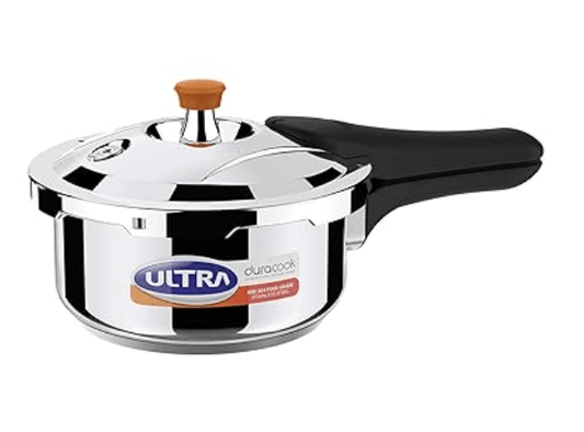 अल्ट्रा ड्यूराकूक 2.एल स्टेनलेस स्टील बाहरी ढक्कन, एआईएसआई 304 खाद्य ग्रेड एसएस प्रेशर कुकर (2 लीटर), झाग कलेक्टर, स्पिलेज नियंत्रण, इंडक्शन और कुकटॉप संगत, इंजेक्शन मोल्डेड बेकेलाइट हैंडल, आईएसआई। 