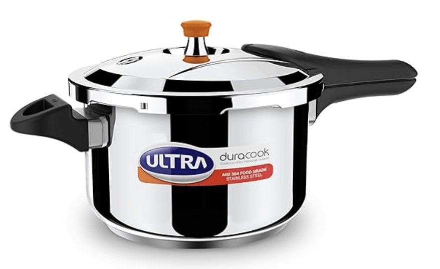 அல்ட்ரா டூராகூக் 5.5 எல் ஸ்டெயின்லெஸ் ஸ்டீல் பிரஷர் குக்கர் AISI 304 ஃபுட் கிரேடு SS பிரஷர் குக்கர் (5.5 எல்), ஃப்ரோத் கலெக்டர், ஸ்பிலேஜ் கண்ட்ரோல், இண்டக்ஷன் &amp; குக்டாப் இணக்கமானது, இன்ஜெக்ஷன் மோல்டட் பேக்கலைட் ஹேண்டில்கள், ISI. 