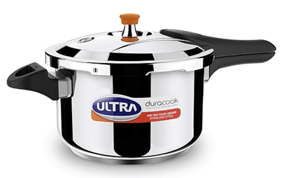 அல்ட்ரா டூராகூக் 5.5 எல் ஸ்டெயின்லெஸ் ஸ்டீல் பிரஷர் குக்கர் AISI 304 ஃபுட் கிரேடு SS பிரஷர் குக்கர் (5.5 எல்), ஃப்ரோத் கலெக்டர், ஸ்பிலேஜ் கண்ட்ரோல், இண்டக்ஷன் &amp; குக்டாப் இணக்கமானது, இன்ஜெக்ஷன் மோல்டட் பேக்கலைட் ஹேண்டில்கள், ISI. 