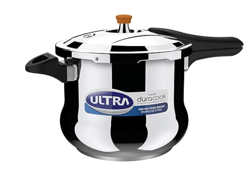 अल्ट्रा ड्यूराकूक हांडी 8 लीटर स्टेनलेस स्टील प्रेशर कुकर, AISI 304 फ़ूड ग्रेड SS, झाग संग्राहक-स्पिलज नियंत्रण, इंडक्शन संगत, इम्प बॉन्डेड कम्पोजिट बेस, ISI, 10 साल की वारंटी 
