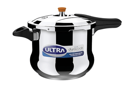 अल्ट्रा ड्यूराकूक हांडी 8 लीटर स्टेनलेस स्टील प्रेशर कुकर, AISI 304 फ़ूड ग्रेड SS, झाग संग्राहक-स्पिलज नियंत्रण, इंडक्शन संगत, इम्प बॉन्डेड कम्पोजिट बेस, ISI, 10 साल की वारंटी 