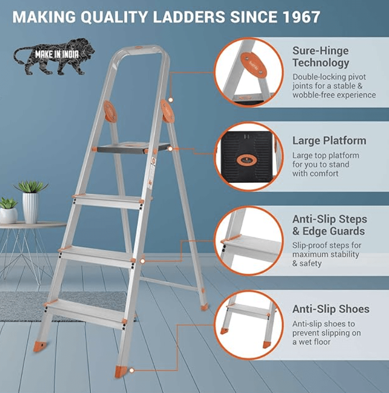 4 Step Foldable Aluminium Ladder with Scratch Resistant Smart Platform and Sure-Hinge Technology