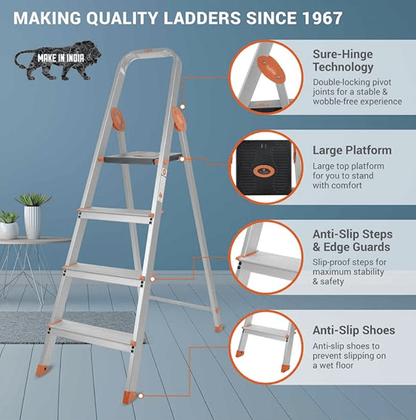 4 Step Foldable Aluminium Ladder with Scratch Resistant Smart Platform and Sure-Hinge Technology