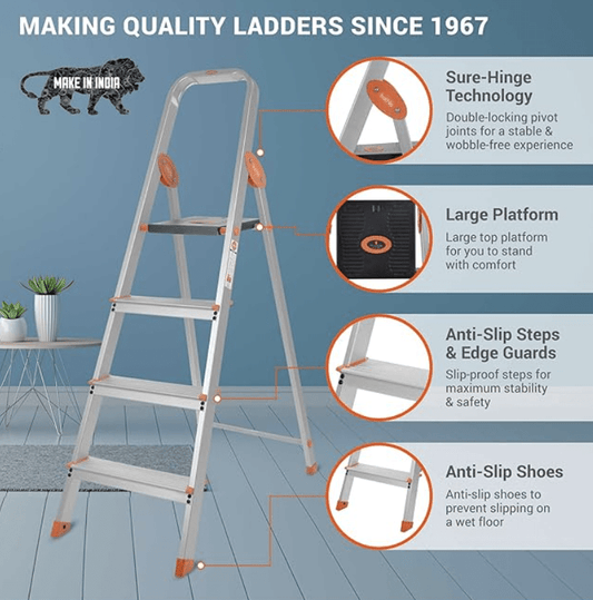 4 Step Foldable Aluminium Ladder with Scratch Resistant Smart Platform and Sure-Hinge Technology