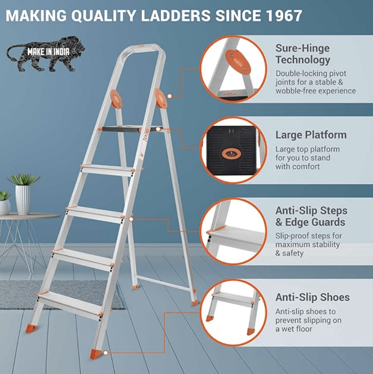 5 Step Foldable Aluminium Ladder with Scratch Resistant Smart Platform and Sure-Hinge Technology-2