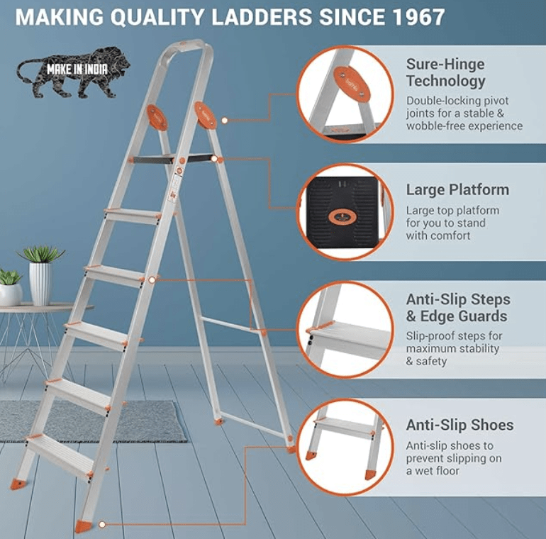 7 Step Foldable Aluminium Ladder with Scratch Resistant Smart Platform and Sure-Hinge Technology