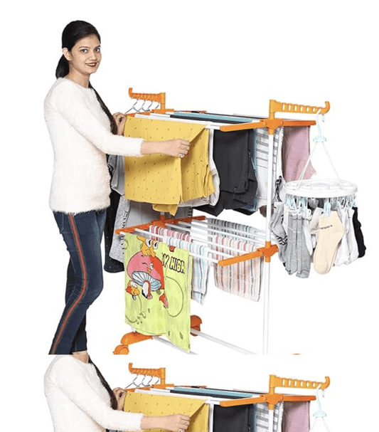 Clothes Stand for Drying with Wheels | Portable | 2 Layer Rack for Balcony | Foldable Wings | 14 Hanger Rods