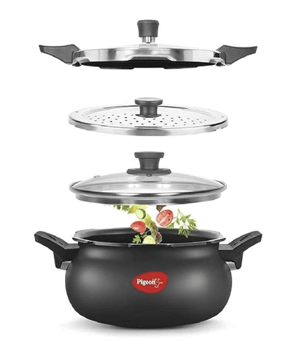 Pigeon By Stovekraft All in One Super Cooker Aluminium with Outer Lid Induction and Gas Stove Compatible 5 Litre Capacity for Healthy Cooking (Black)