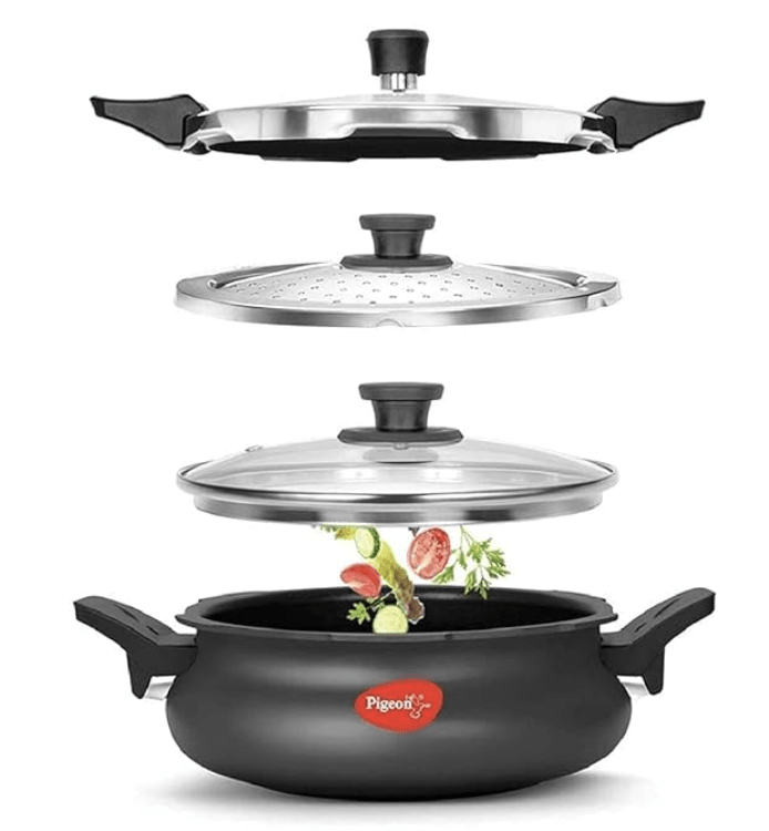 Pigeon By Stovekraft All in One Super Cooker Aluminium with Outer Lid Induction and Gas Stove Compatible 3 Litre Capacity for Healthy Cooking (Black)