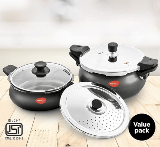 स्टोवक्राफ्ट का पिजन ऑल-इन-वन वैल्यू पैक हार्ड एनोडाइज्ड कुकर सेट, 5-पीस, काला 