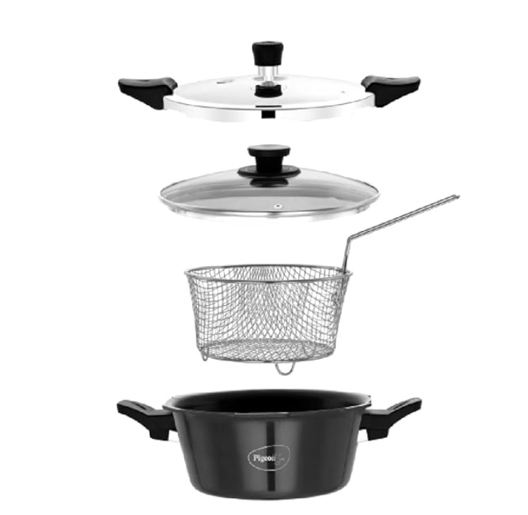 Pigeon Hard Anodised All in One Super Cooker Pro 3 litre with Pressure Cooker Outer Lid, Glass lid and Deep Frying Basket (14941) - Black
