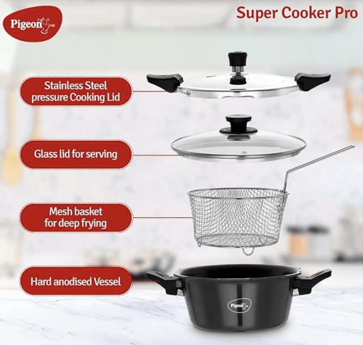 Pigeon Hard Anodised All in One Super Cooker Pro 3 litre with Pressure Cooker Outer Lid, Glass lid and Deep Frying Basket (14941) - Black