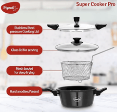 Pigeon Hard Anodised All in One Super Cooker Pro 3 litre with Pressure Cooker Outer Lid, Glass lid and Deep Frying Basket (14941) - Black-2