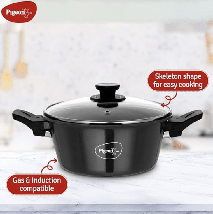 Pigeon Hard Anodised All in One Super Cooker Pro 3 litre with Pressure Cooker Outer Lid, Glass lid and Deep Frying Basket (14941) - Black