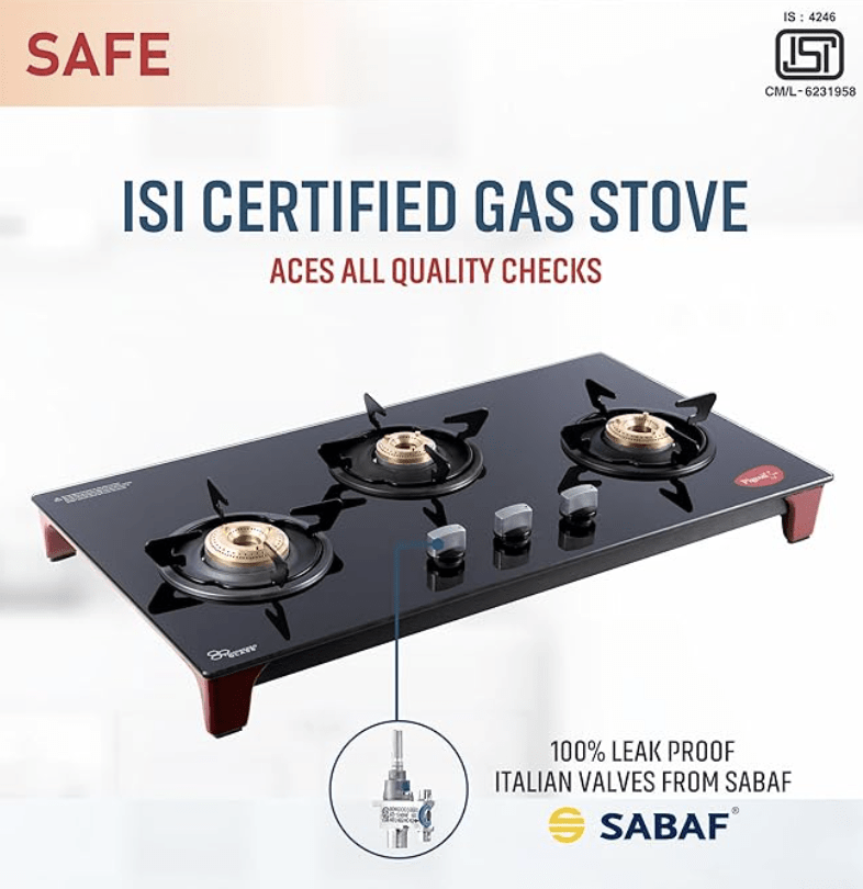 Pigeon Infinity Glass Stove, Cooktop with Glass Top and Stainless Steel body 3 Burner Gas Stove, Manual Ignition, Black