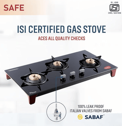 Pigeon Infinity Glass Stove, Cooktop with Glass Top and Stainless Steel body 3 Burner Gas Stove, Manual Ignition, Black