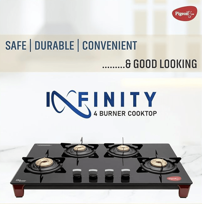 Pigeon by Stovekraft Infinity Glass Top 4 Burner Gas Stove, Manual Ignition (Black)