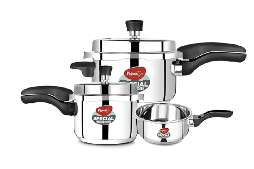 Pigeon By Stovekraft Special Stainless Steel Pressure Cooker with Outer Lid Induction and Gas Stove Compatible 2, 3, 5 Litre Capacity for Healthy Cooking (Silver)