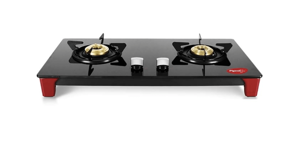 Pigeon Infinity Gas Cooktop with Glass Top and Stainless Steel body 2 Burner Gas Stove, Manual Ignition, Black