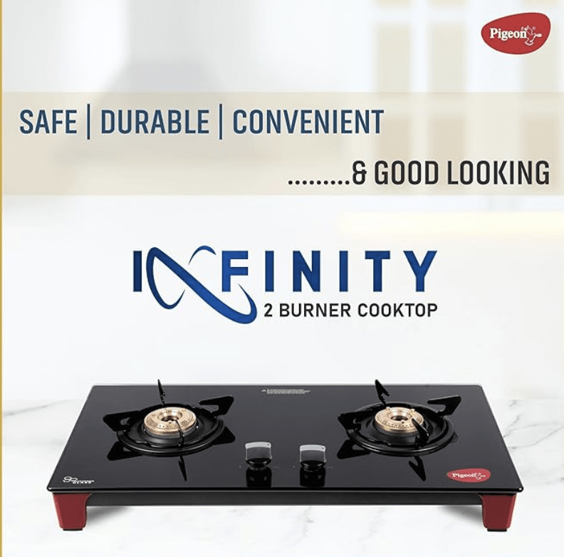 Pigeon Infinity Gas Cooktop with Glass Top and Stainless Steel body 2 Burner Gas Stove, Manual Ignition, Black