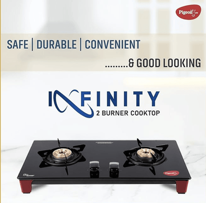 Pigeon Infinity Gas Cooktop with Glass Top and Stainless Steel body 2 Burner Gas Stove, Manual Ignition, Black