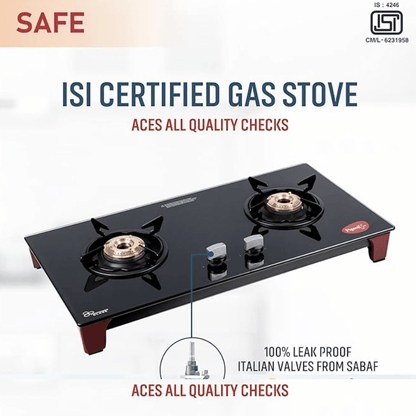 Pigeon Infinity Gas Cooktop with Glass Top and Stainless Steel body 2 Burner Gas Stove, Manual Ignition, Black