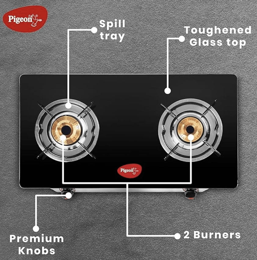 Pigeon by Stovekraft Favourite Glass Top 2 Burner Gas Stove, Manual Ignition (Black)