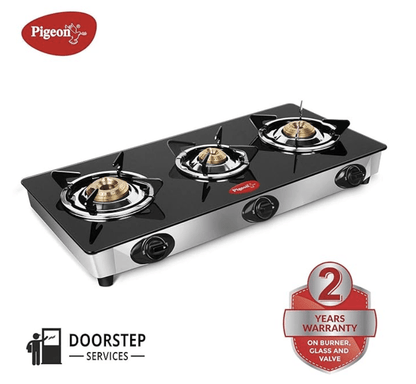 Pigeon by Stovekraft Favourite Glass Top 3 Burner Gas Stove, Manual Ignition, black