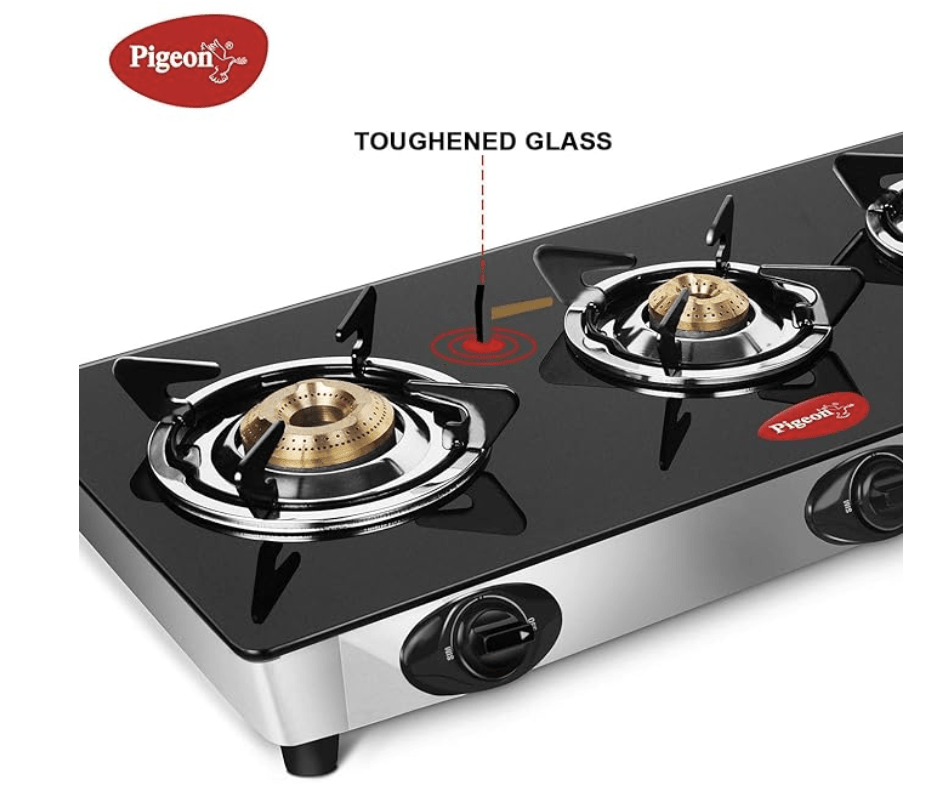 Pigeon by Stovekraft Favourite Glass Top 3 Burner Gas Stove, Manual Ignition, black
