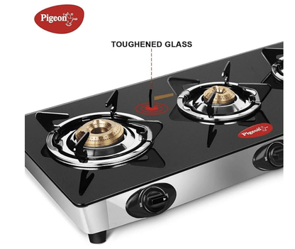 Pigeon by Stovekraft Favourite Glass Top 3 Burner Gas Stove, Manual Ignition, black