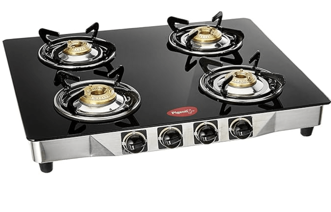 Pigeon by Stovekraft Favourite Blackline Smart Glass Top 4 Burner Gas Stove, Manual Ignition, black