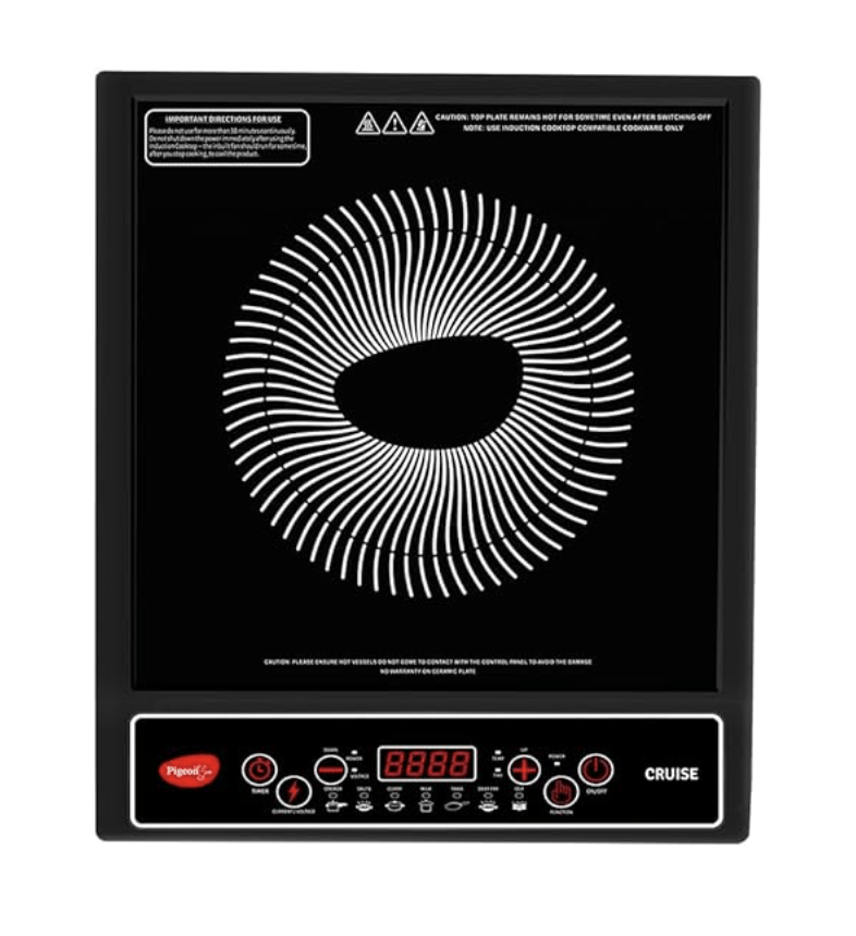 पिजन स्टोवक्राफ्ट क्रूज़ 1800 वाट इंडक्शन कुकटॉप क्रिस्टल ग्लास के साथ, 7 सेगमेंट एलईडी डिस्प्ले, ऑटो स्विच ऑफ - काला 