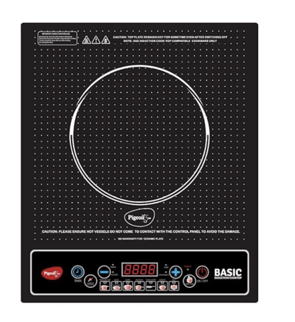 புறா பேசிக் இண்டக்ஷன் குக்டாப் 1200 W, ஆட்டோ-ஷட் ஆஃப், பவர் மற்றும் வெப்பநிலைக்கு 7 பிரிவு LED டிஸ்ப்ளே கொண்ட மென்மையான புஷ் பட்டன் - கருப்பு 