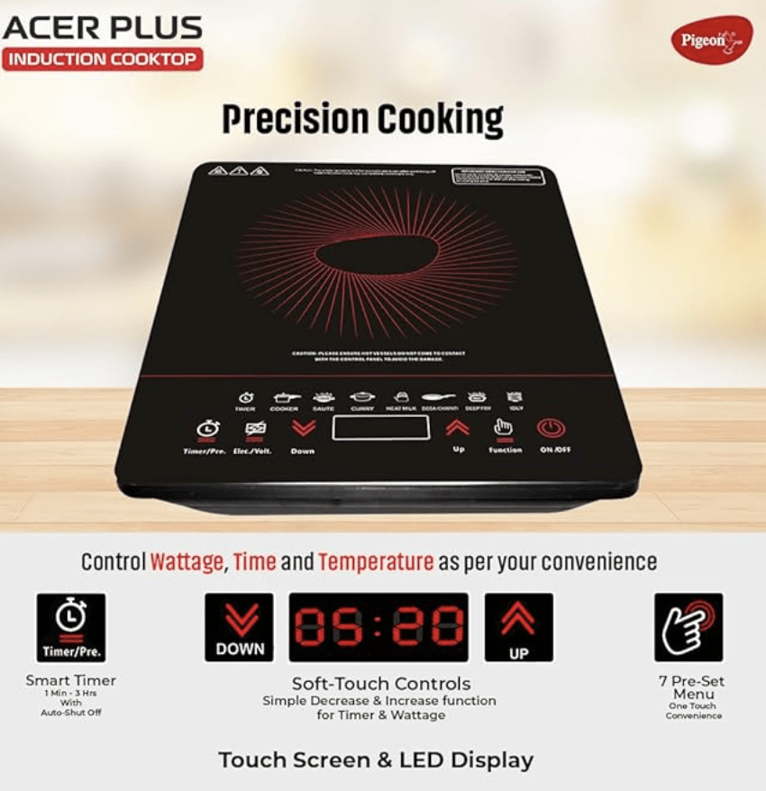 Pigeon By Stovekraft 14429 Acer Plus 1800 Watt Induction Cooktop with Feather Touch Control, Induction Stove comes with 8 Preset Menus and Auto-Shut Off features (Black)