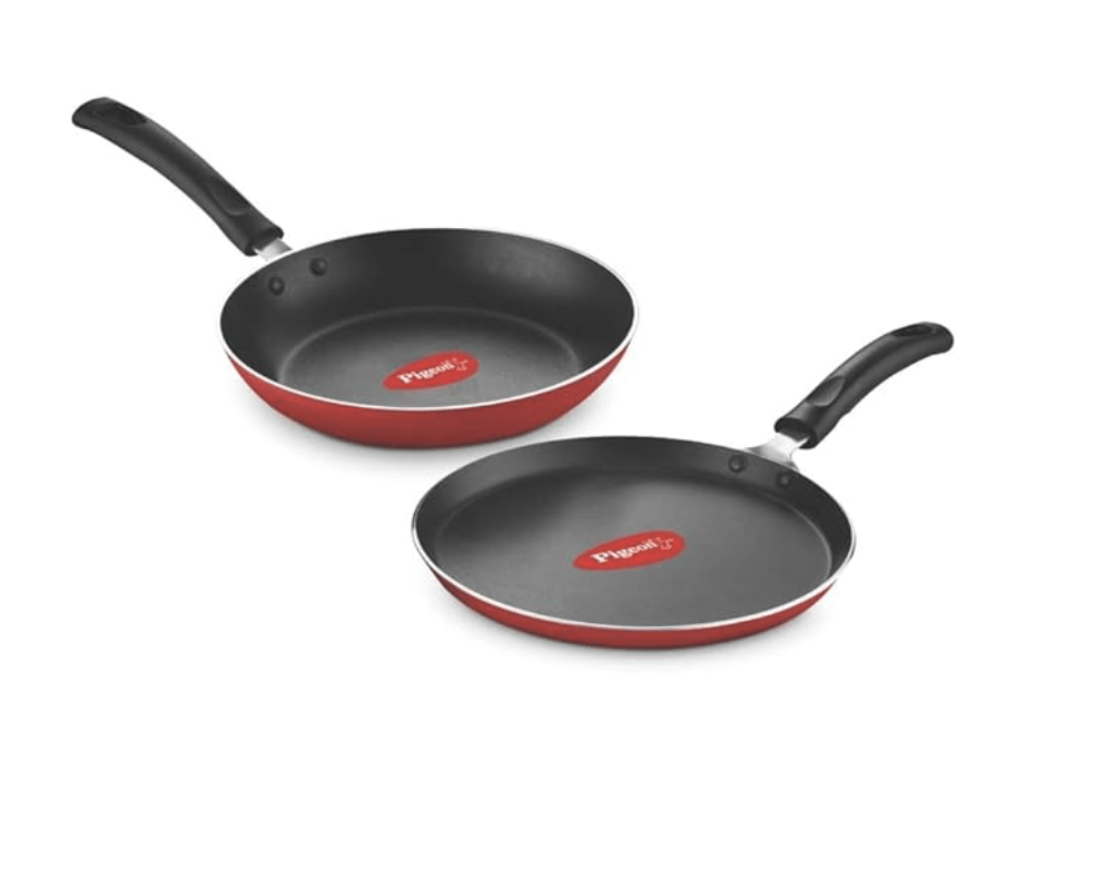 Pigeon Aluminium Nonstick Duo Pack Flat Tawa 250 and Fry Pan 200 Gift Set (Red)