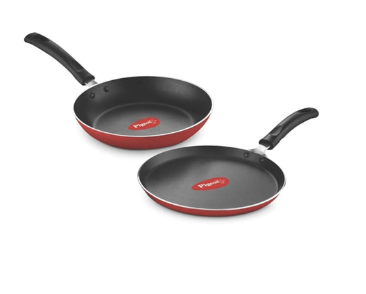 Pigeon Aluminium Nonstick Duo Pack Flat Tawa 250 and Fry Pan 200 Gift Set (Red)