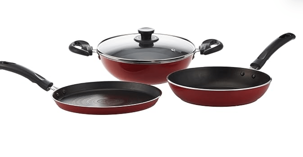 Pigeon by Stovekraft Carlo Induction Base Aluminium Cookware Gift Set, 4-Pieces, Red (Tawa,Fry Pan,Kadai,Glass Lid)