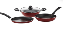 Pigeon by Stovekraft Carlo Induction Base Aluminium Cookware Gift Set, 4-Pieces, Red (Tawa,Fry Pan,Kadai,Glass Lid)-1