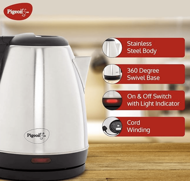 Pigeon by Stovekraft Amaze Plus Electric Kettle (14289) with Stainless Steel Body, 1.5 litre, used for boiling Water, making tea and coffee, instant noodles, soup etc. (Silver)