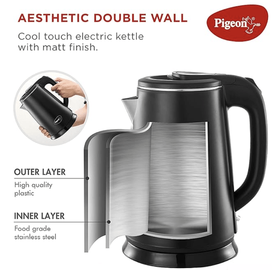 Pigeon by Stovekraft Ebony Double Walled Cool Touch Stainless Steel Electric Kettle, 1.8 Litre, with 1500 Watt, boiler for Water, milk, tea, coffee, instant noodles, soup etc (Black), Large