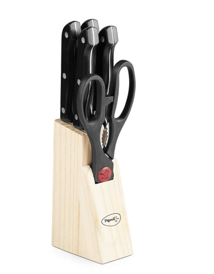 Pigeon by Stovekraft Angular Holder Shears Kitchen Knifes 6 Piece Set with Wooden Block (Stainless Steel)
