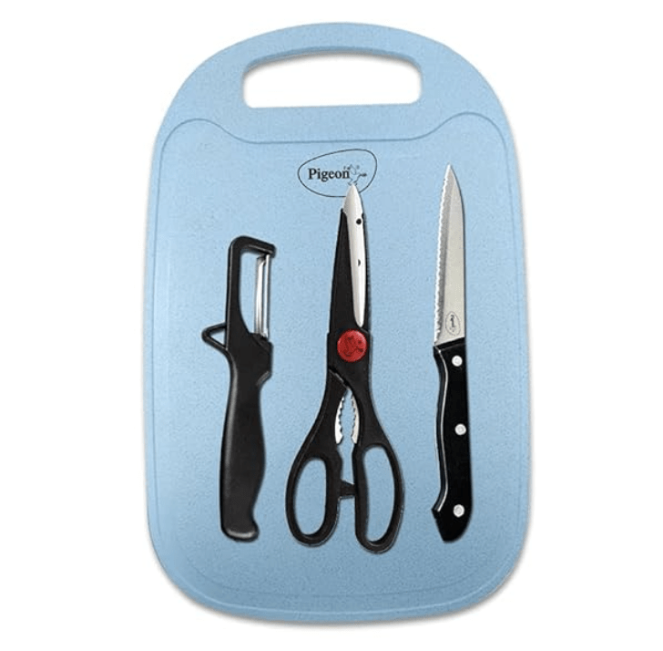 Pigeon Shears 4 Piece Kitchen Knife Set with Chopping Board, Stainless Steel Kitchen Knife, Scissor and Vegitable Pealer, Black, Medium (14184)