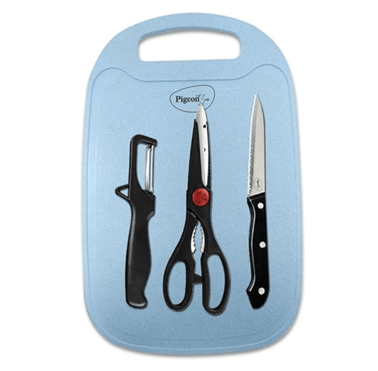 Pigeon Shears 4 Piece Kitchen Knife Set with Chopping Board, Stainless Steel Kitchen Knife, Scissor and Vegitable Pealer, Black, Medium (14184)