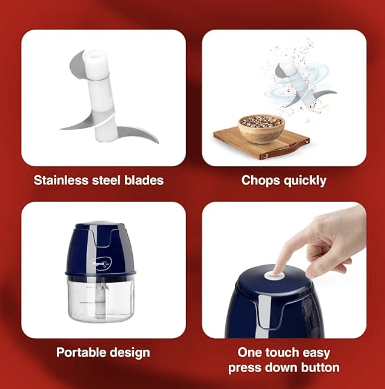 Pigeon Zoom Electric Chopper 250 ml, Portable with 3 Stainless Steel blades for Effortlessly Chopping Vegetables and Fruits - Blue
