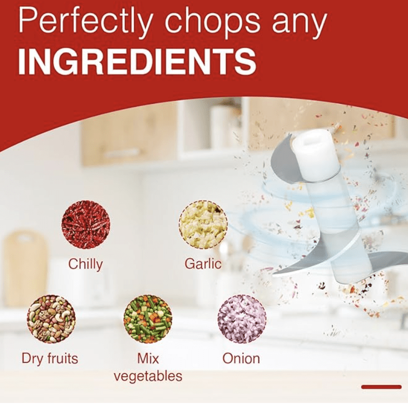 Pigeon Zoom Electric Chopper 250 ml, Portable with 3 Stainless Steel blades for Effortlessly Chopping Vegetables and Fruits - Blue