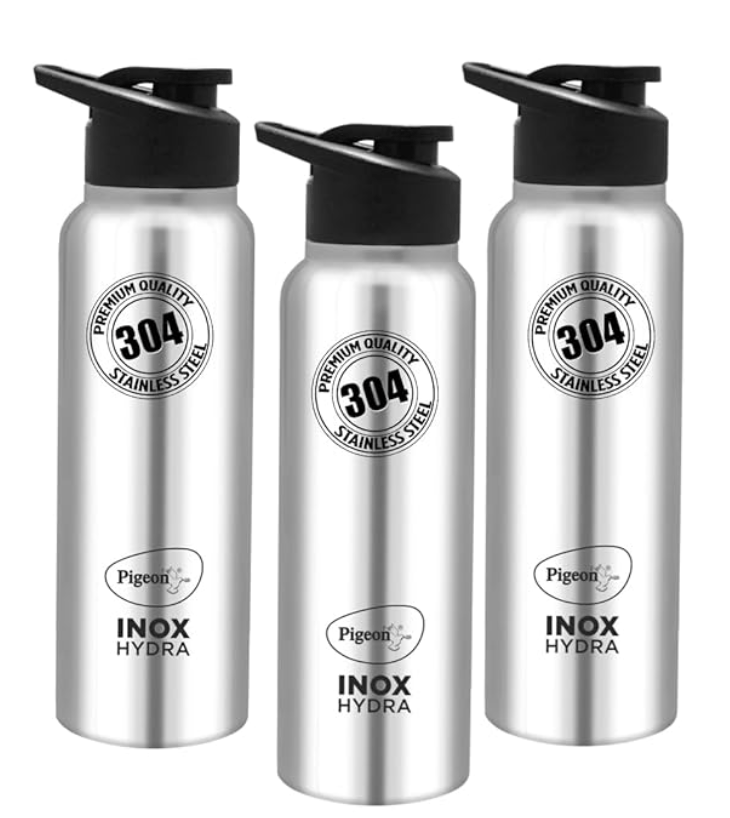 Pigeon by Stovekraft Inox hydra 700ml pack of 3 Stainless Steel Drinking Water Bottle 700ml Flipper Cap- Silver (1 year Warranty)